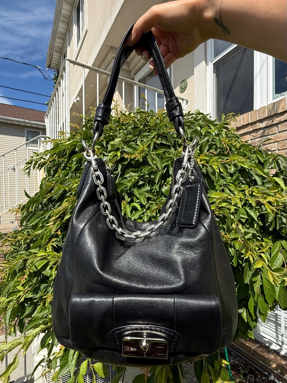 Coach Kristin Black Leather Chain Hobo Shoulder Bag Silver Hardware Y2K